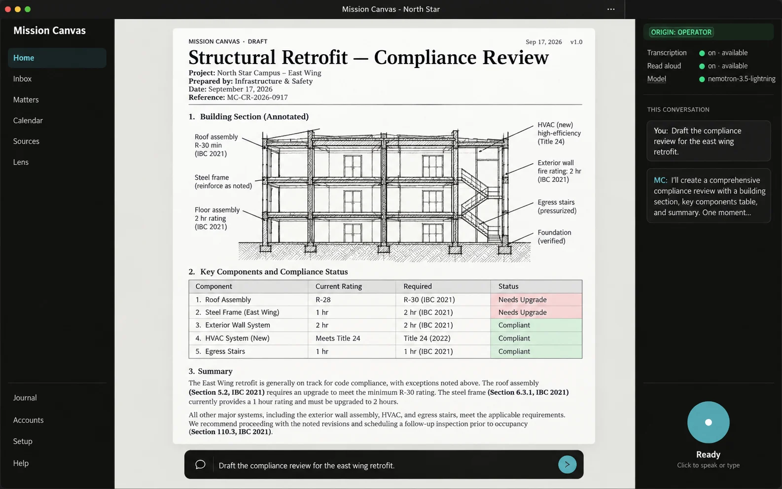 The design Palette is being built toward: a compliance review with an annotated building section, a table of components and a written summary, beside the conversation that asked for it.